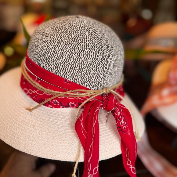 unbranded Accessories - Magid Black and White Sun Hat with Red Bandana Embellishment